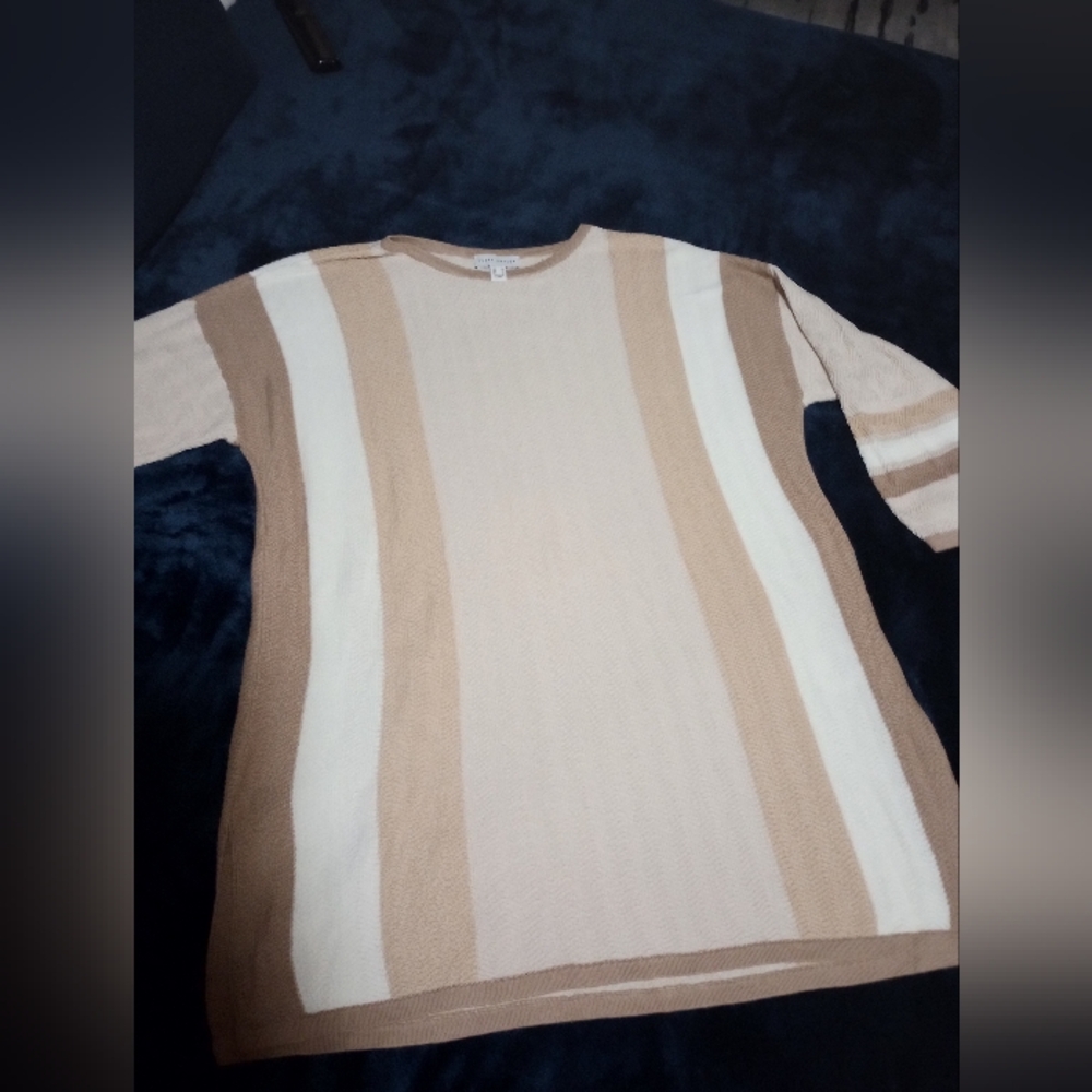 Susan Graver Womens Tan and Cream Striped Crewneck Sweater
